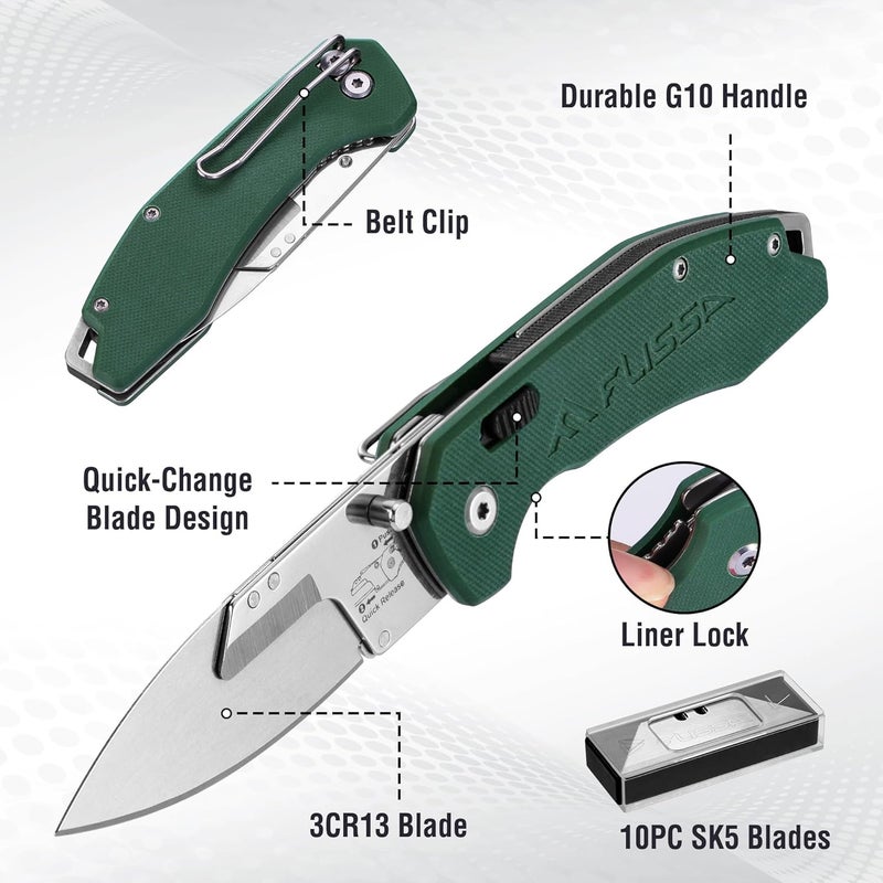 FLISSA Replaceable Blade Folding Knife, 3-in-1 Pocket Hunting Knives, Liner Lock Knife for Hunting, Skinning & Field Dressing, Green G10 Handle, Includes 16 Blades - Image 4